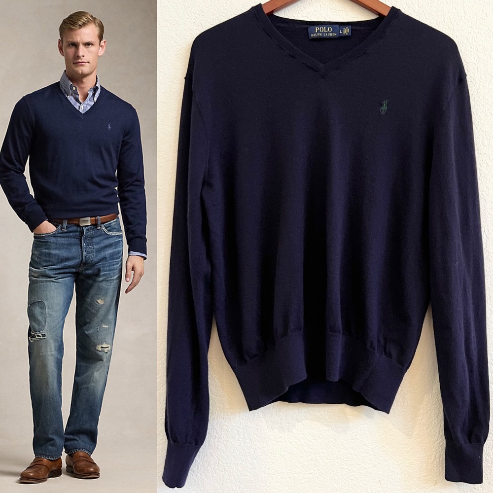 Polo Ralph Lauren 100%‎ Merino Wool V Neck Sweater Navy Blue Size L